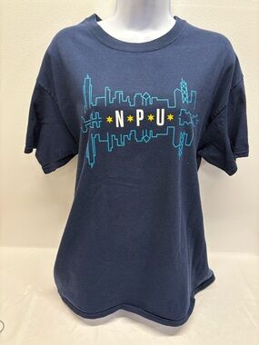 Gildan Navy North Park University of Chicago Tee with Aqua Skyline&Yellow Large